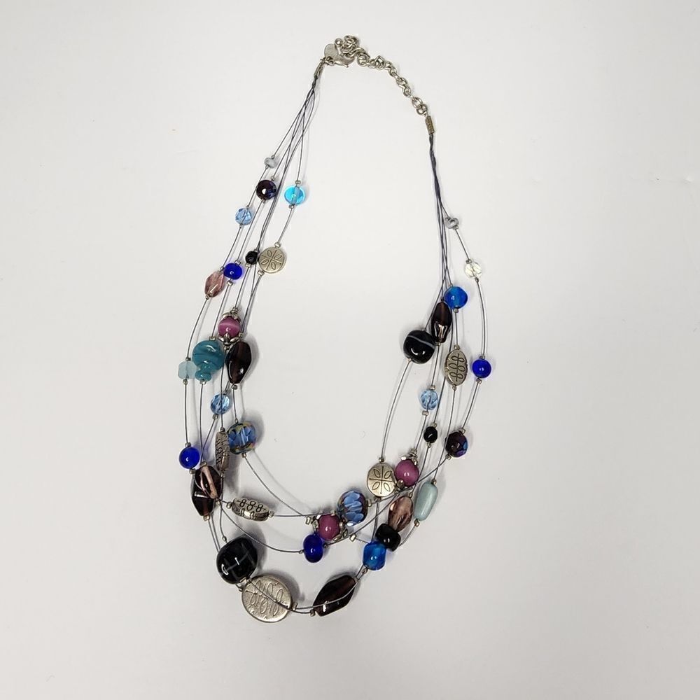 Lia Sophia Colorful Blue Purple Glass Bed Station Wire Necklace Silvertone